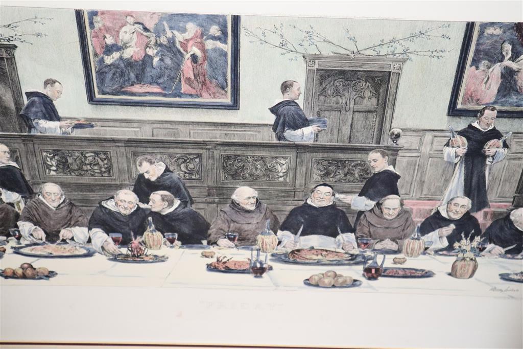 After Walter Dendy Sadler, two of coloured lithographs, Thursday and Friday, 46 x 71cm and various watercolours and prints (9)